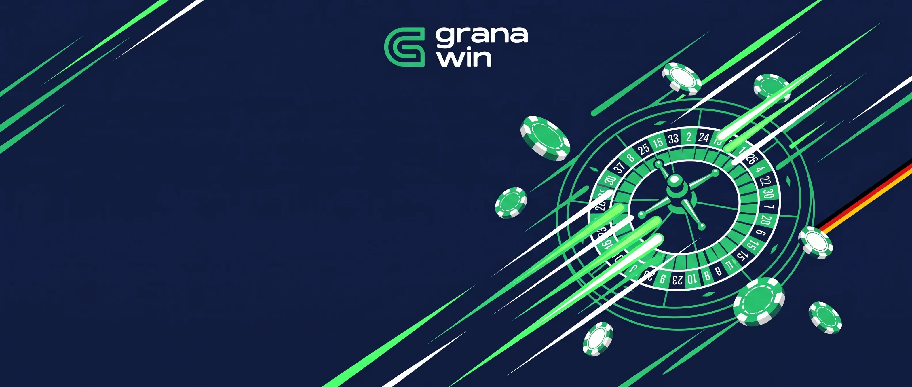 GranaWin: grüne Spielchips und Rouletterad auf dunkelblauem Hintergrund